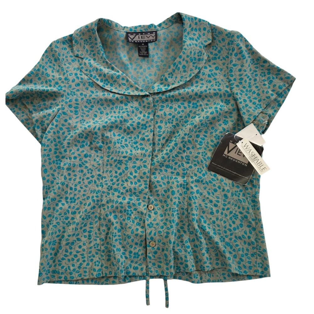 NWT Vintage 90s Norton McNaughton Leaf Print Blouse Medium Teal Blue Tie Back
